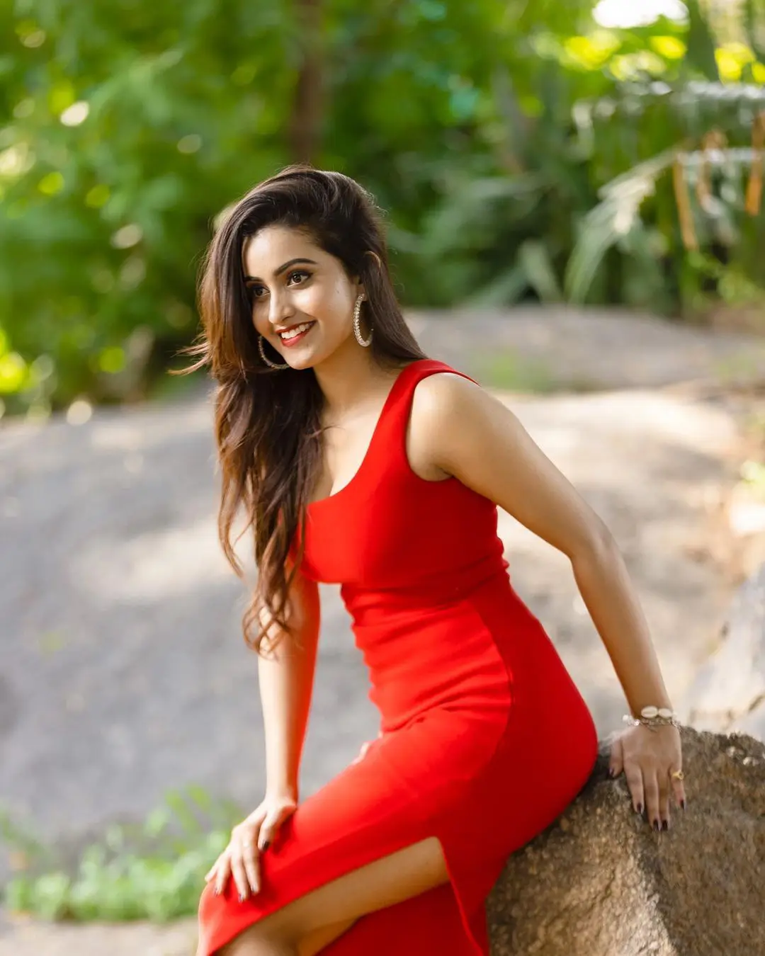 Deepika Pilli shining in Red Tight fit dress
