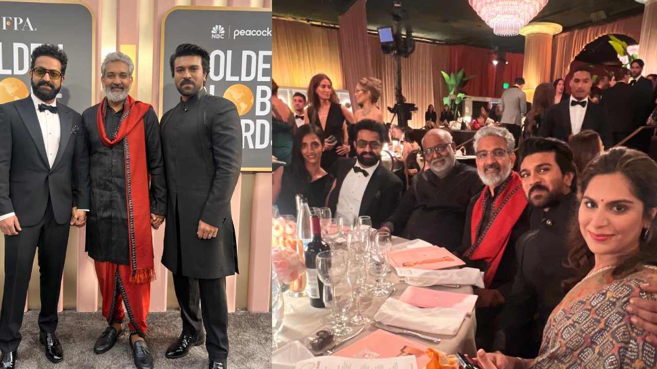 RRR Team on Red Carpet : గోల్డెన్ గ్లోబ్ రెడ్ కార్పెట్ పై RRR చిత్రయూనిట్.. స్టైలిష్ లుక్స్ లో చరణ్, ఎన్టీఆర్, రాజమౌళి..