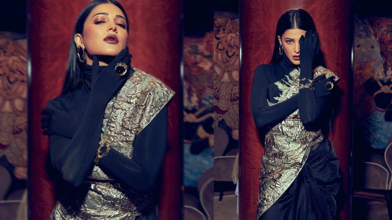Shruti Haasan : ఒళ్ళంతా డార్క్ గా కప్పుకొని.. వెరైటీ చీరలో శృతి ఫోజులు..