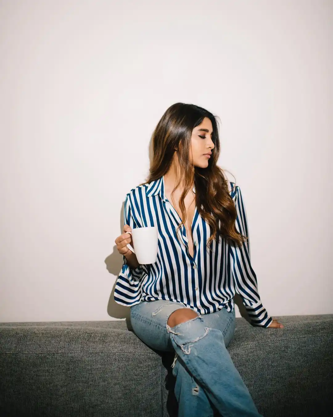 Nabha Natesh Stylish looks with coffee cup in Modern outfit