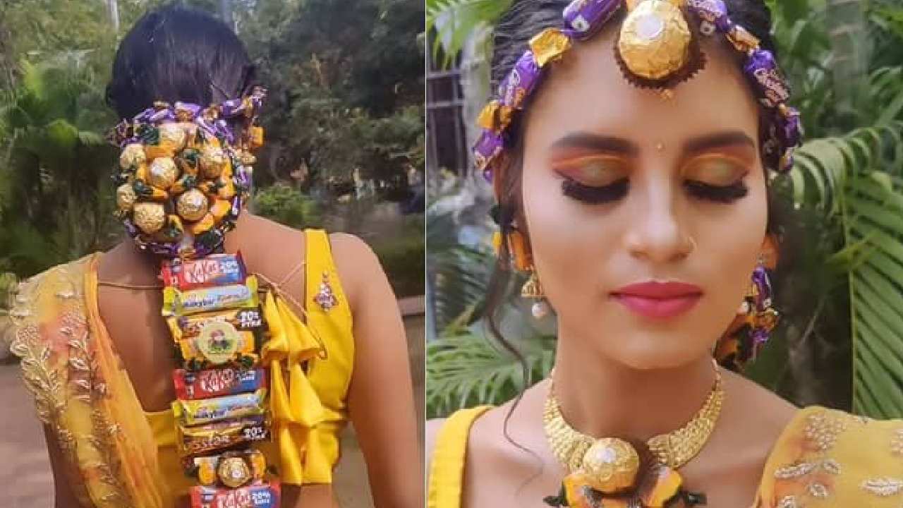 Viral Video: చాక్లెట్ల జడతో అలంకరించుకున్న పెళ్లి కూతురు.. చాక్లెట్లతోనే నగలు.. వైరల్ అవుతున్న వీడియో