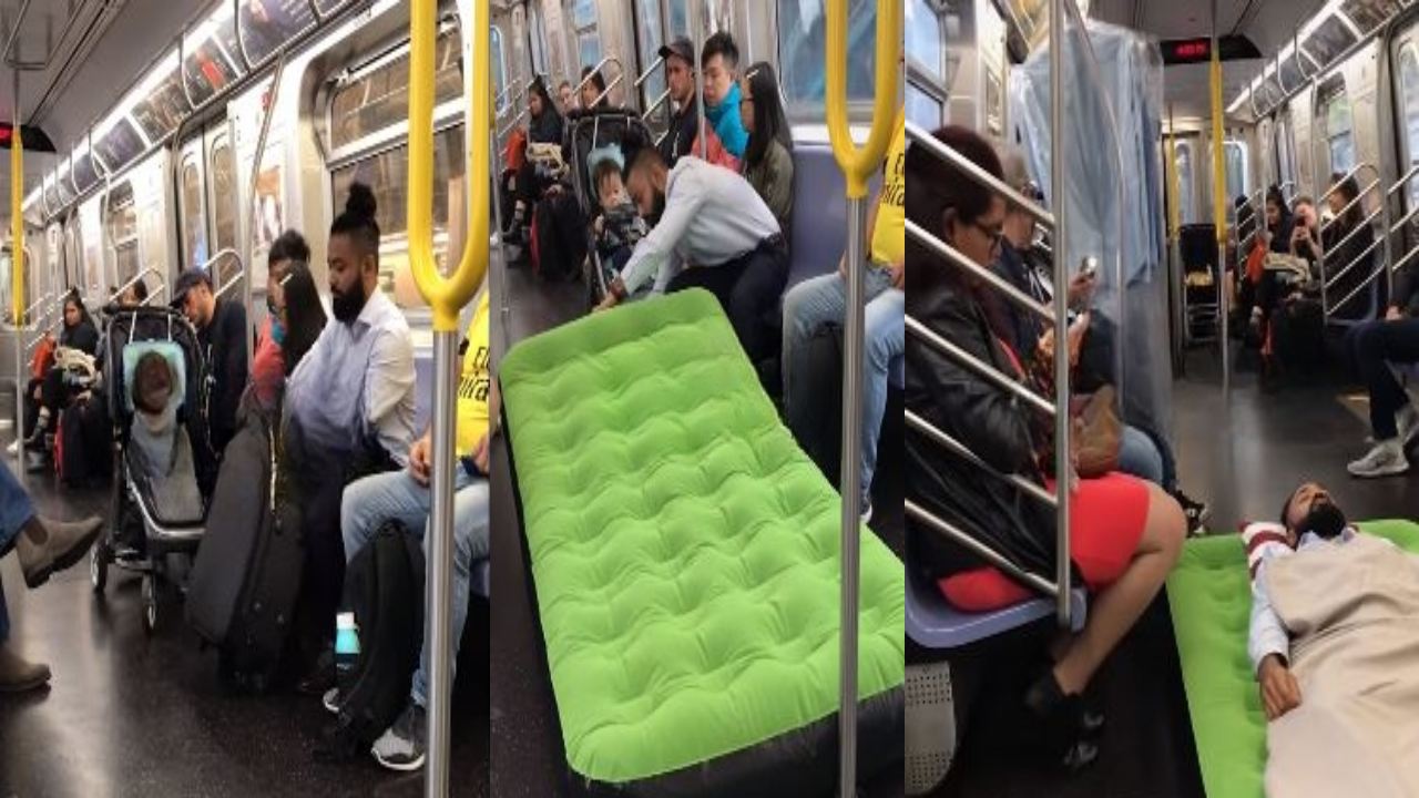 New York metro : మెట్రోలో పరుపు వేసుకుని పడుకున్న వ్యక్తి వీడియో వైరల్
