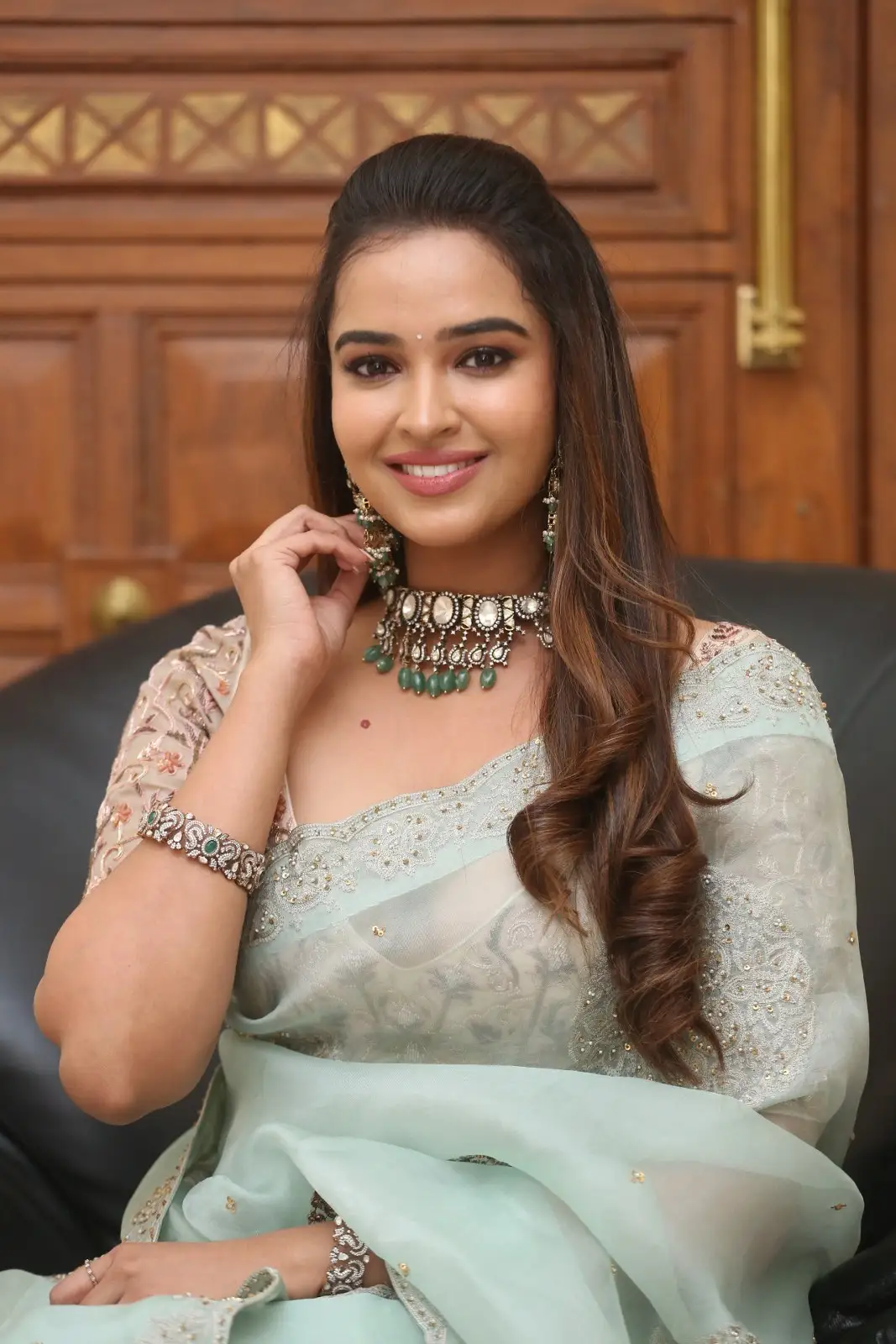 Pujita Ponnada shines in Saree at Pre Release Event of Ravanasura Movie