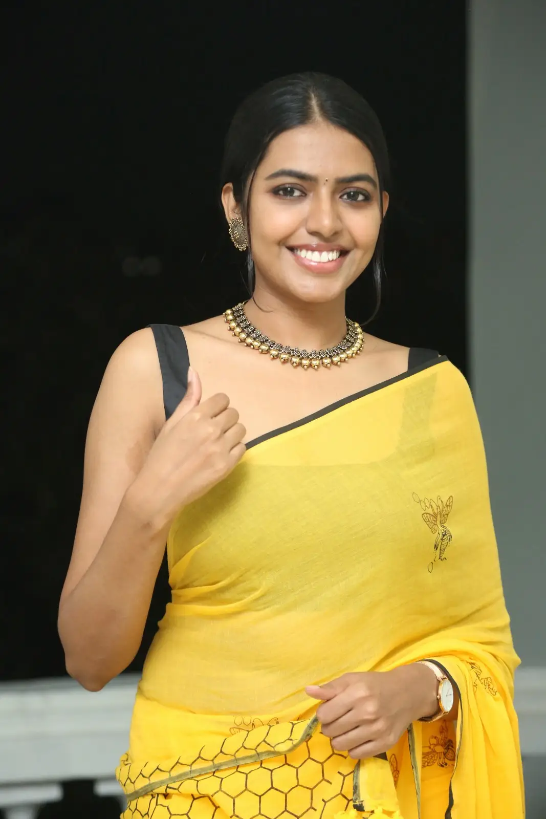 Shivani Rajashekar cute looks in Yellow Saree at Jilebi Movie Press meet