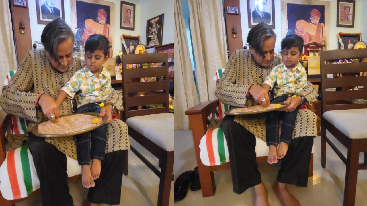 Shashi Tharoor : శశి థరూర్ ఒడిలో కూర్చుని అక్షరాలు దిద్దుతున్న చిన్నారి ఎవరంటే?