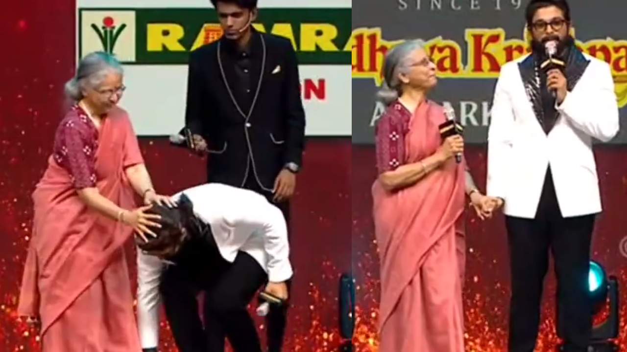 Allu Arjun : 30 ఏళ్ళ తర్వాత ఆమెను కలిసిన అల్లు అర్జున్.. కాళ్లకు నమస్కారం చేసి ఆమె నంబర్ 1 అంటూ ఎమోషనల్..