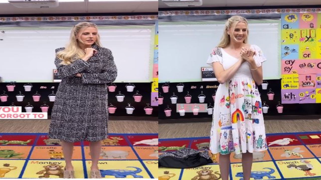 Teacher Viral Video : టీచర్ దుస్తులపై బొమ్మలు గీసిన విద్యార్ధులు.. ఉద్యోగం చివరి రోజు ఆ దుస్తులు ధరించిన టీచర్‌