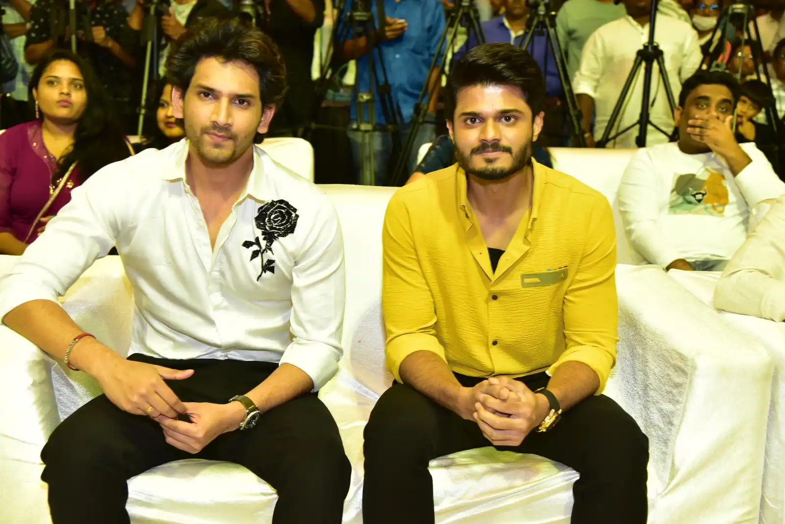 Anand Deverakonda Viraj Ashwin Vaishnavi Chaitanya Chiranjeevi at Baby movie event