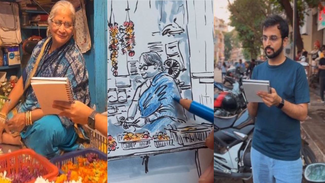 Pune : ఈ ఆర్టిస్ట్ టాలెంట్ చూడండి.. పూలు అమ్ముతున్న పెద్దావిడ చిత్రాన్ని ఎంత బాగా గీసాడో..