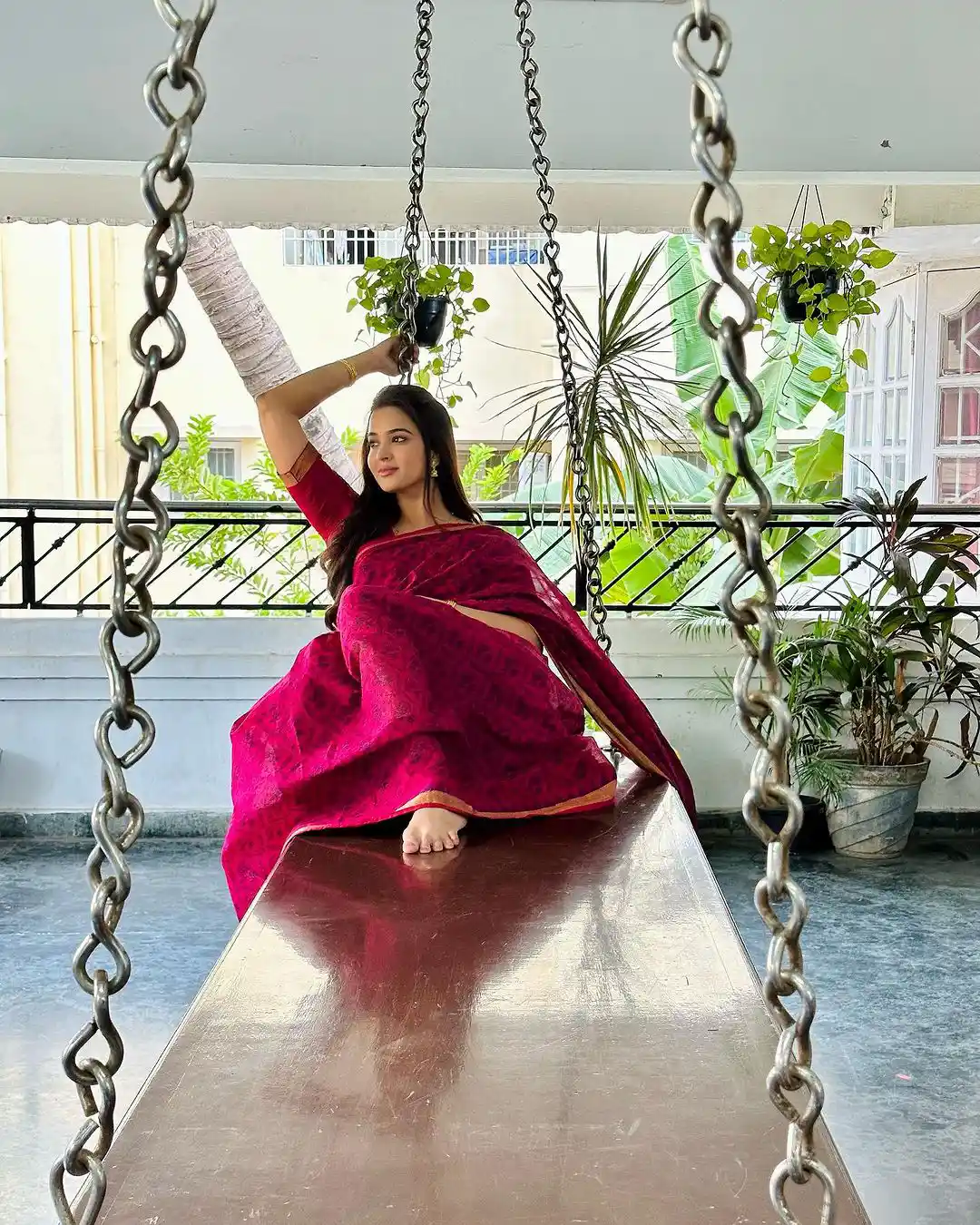 Pujita Ponnada poses on Swing Cradle at her Home