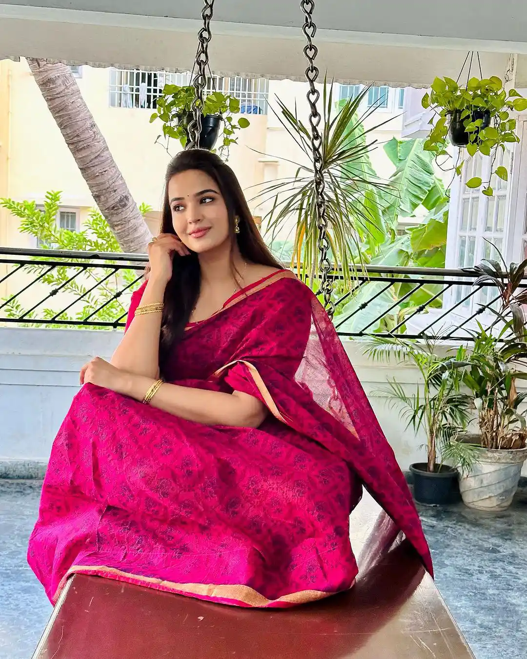Pujita Ponnada poses on Swing Cradle at her Home