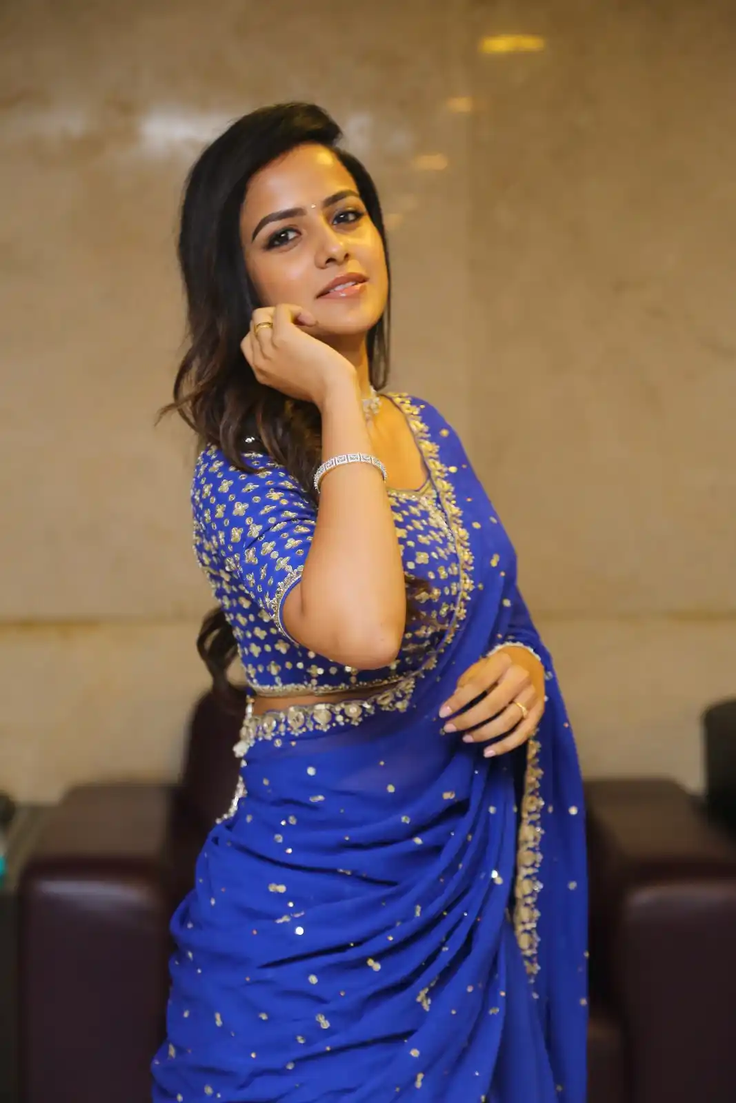 Vaishnavi Chaitanya shines in Blue Half Saree at Baby Movie Pre Release event