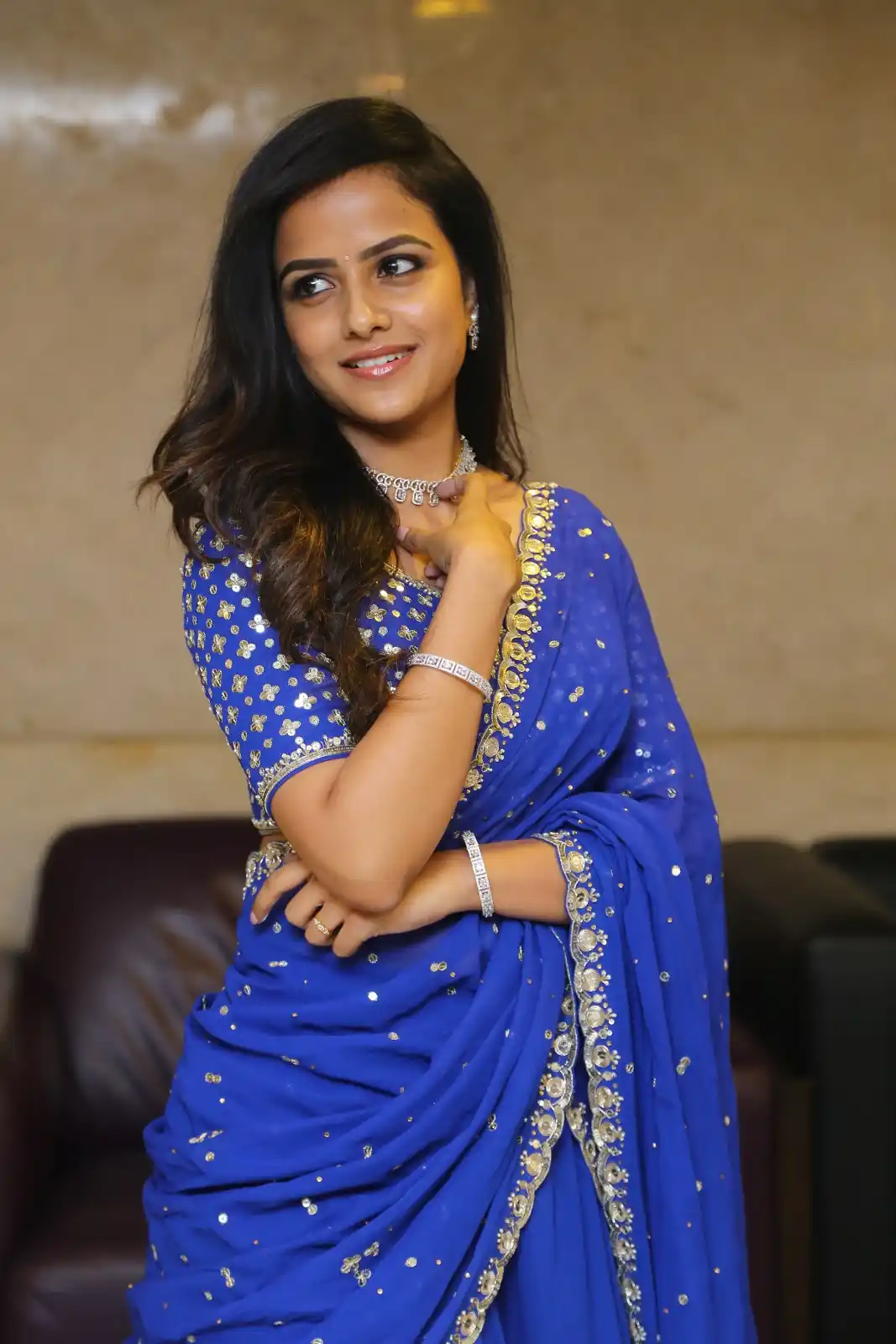 Vaishnavi Chaitanya shines in Blue Half Saree at Baby Movie Pre Release event