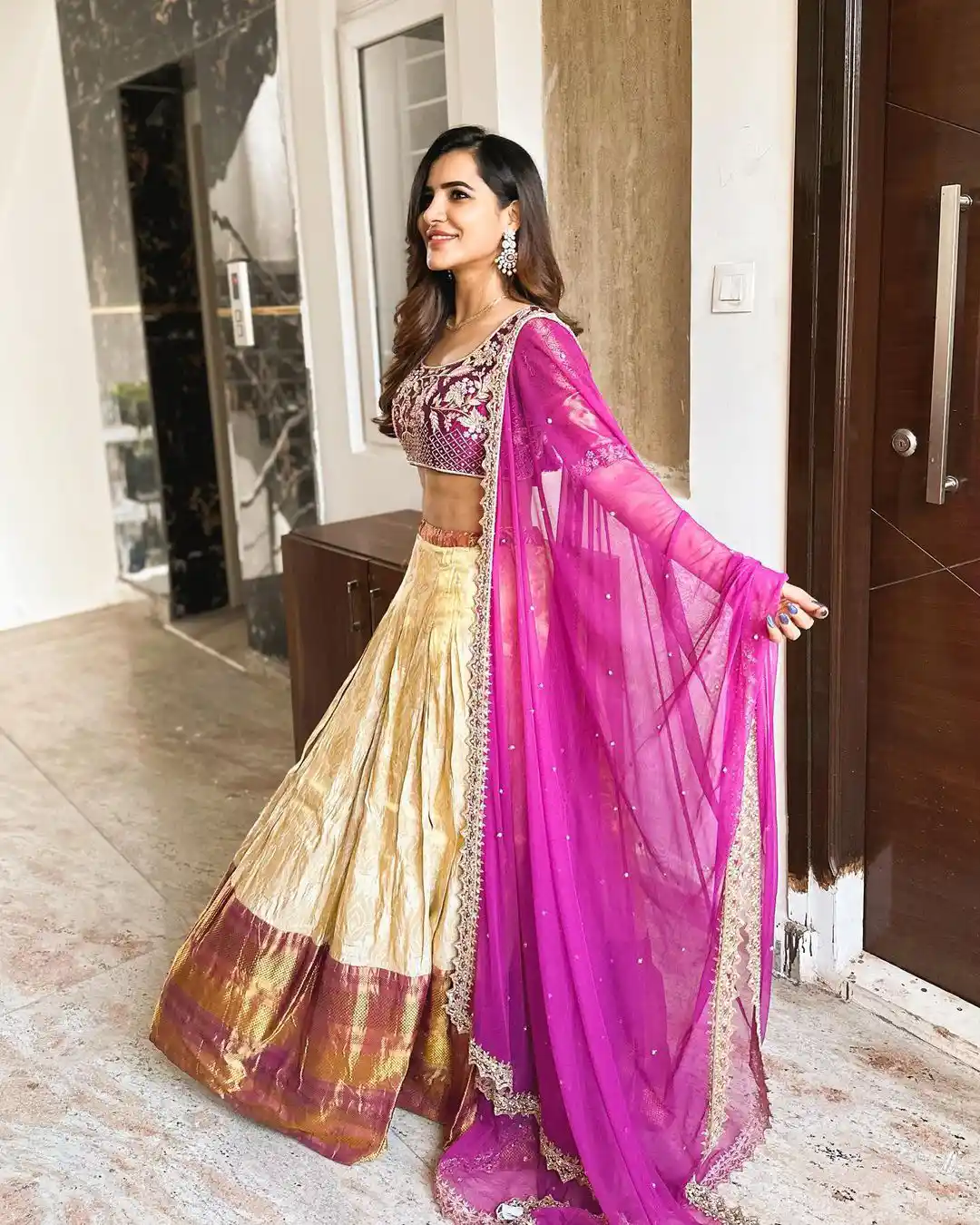 Ashu Reddy Shines in Gaghra Choli Dress on Varalakshmi Vratham Day