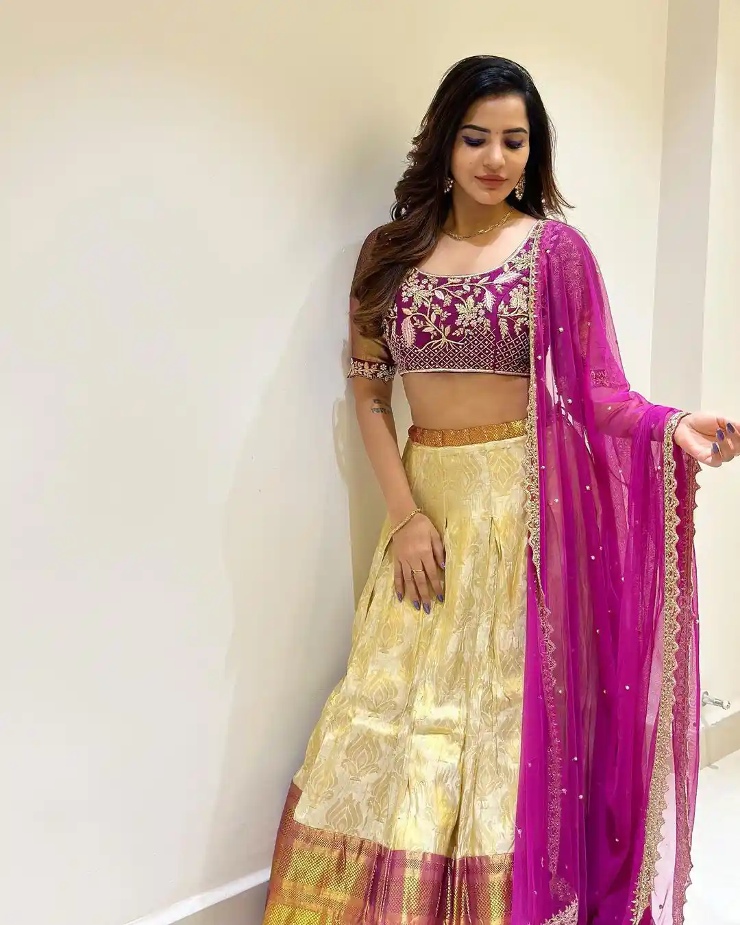 Ashu Reddy Shines in Gaghra Choli Dress on Varalakshmi Vratham Day