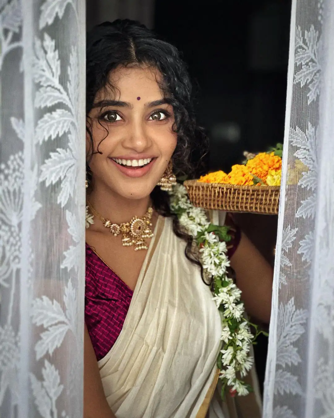 Malayala Actress Anupama Parameswaran saree photos on onam special