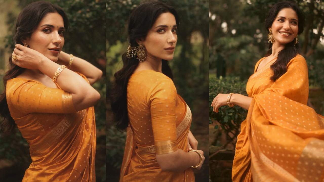 Ruhani Sharma: బంగారు రంగు చీరలో మెరుపు తీగలా.. రుహాణి శర్మ సొగసులు.. ఫొటోలు