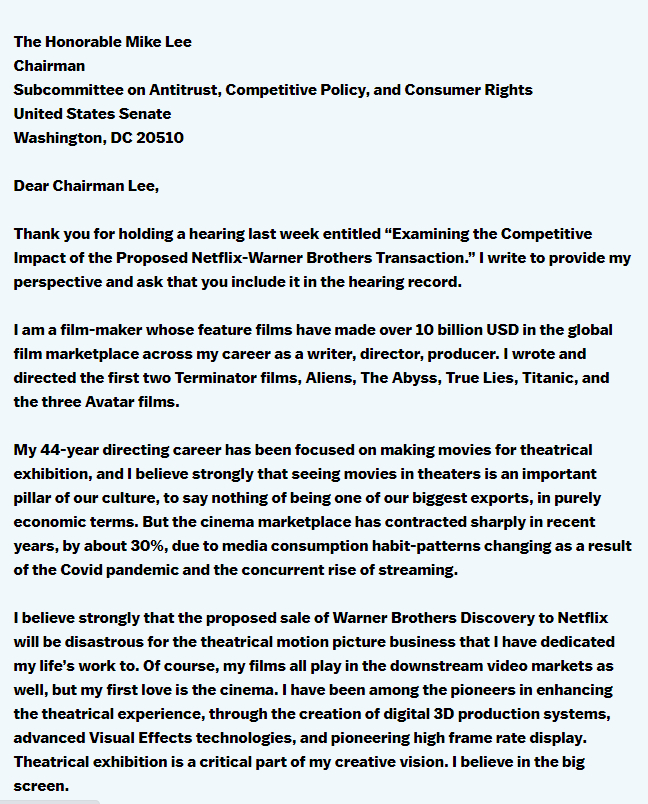 James Cameron wrote sensational letter on Netflix-Warner Bros deal