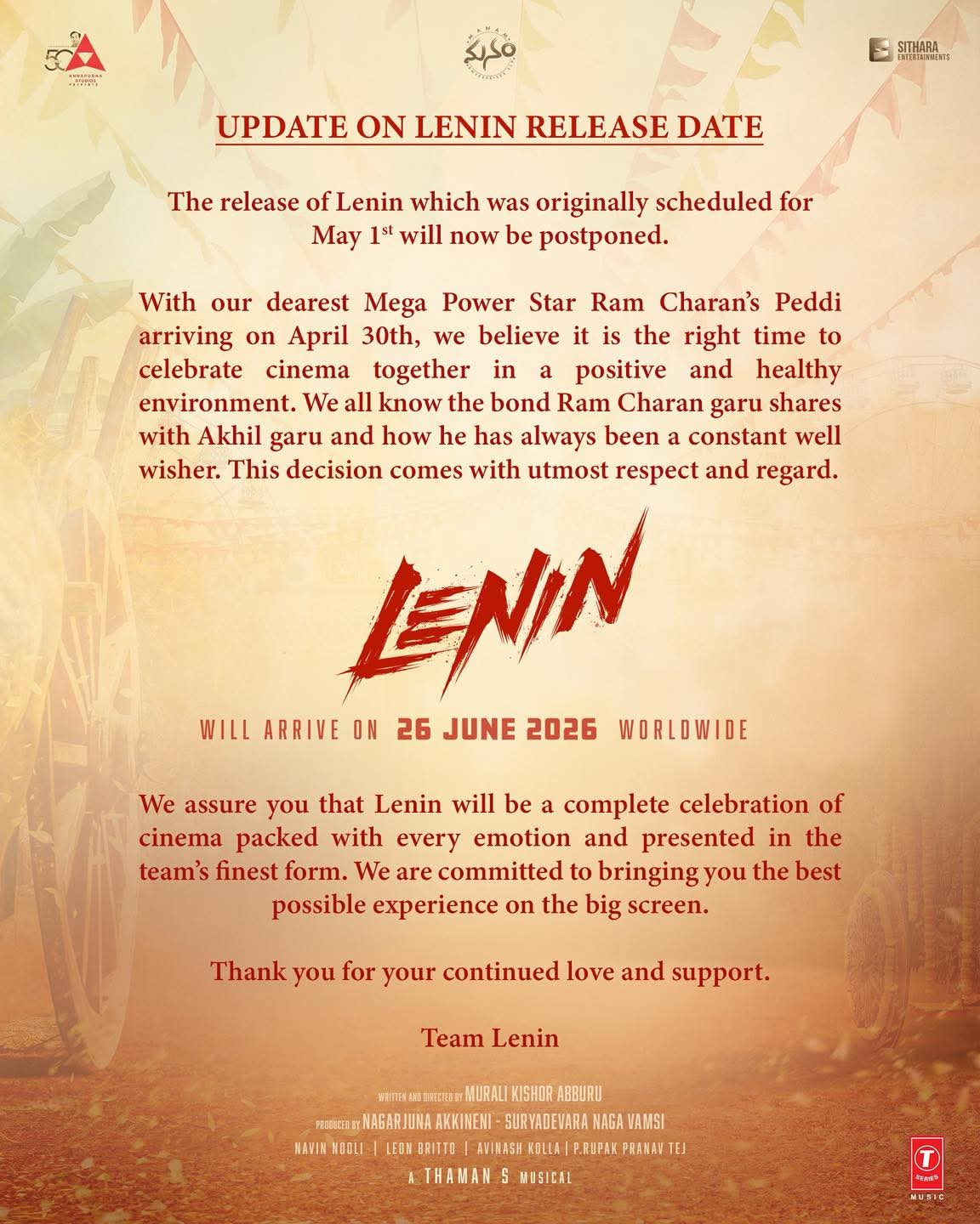 Akkineni akhil Lenin movie postponed