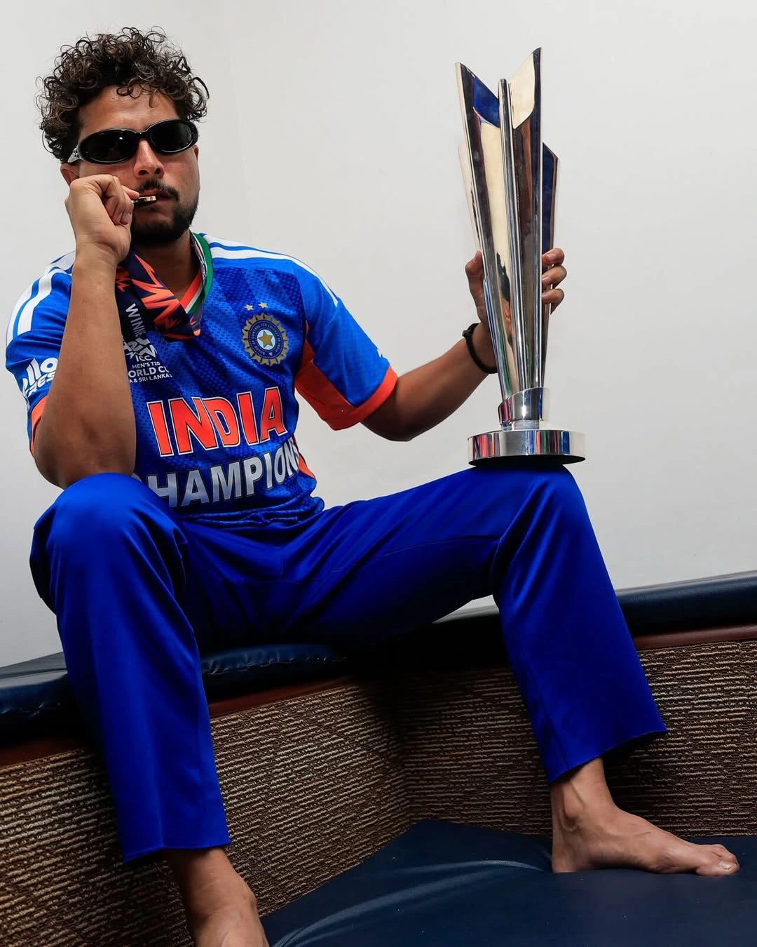 Team India Poses with Winning T20 World Cup in Dressing Room