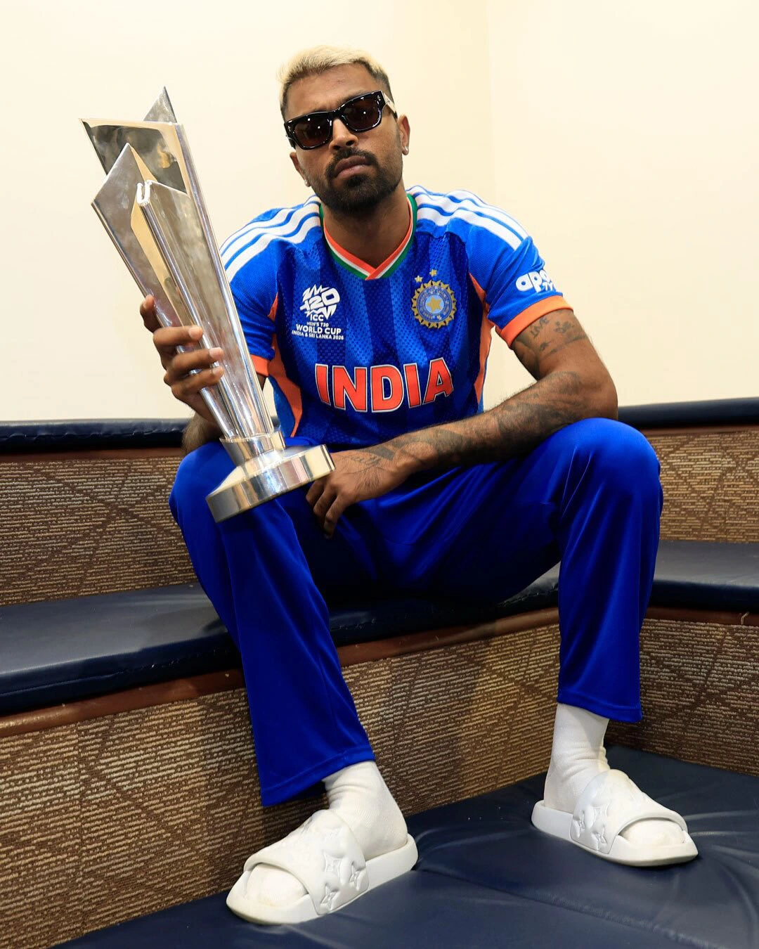 Team India Poses with Winning T20 World Cup in Dressing Room