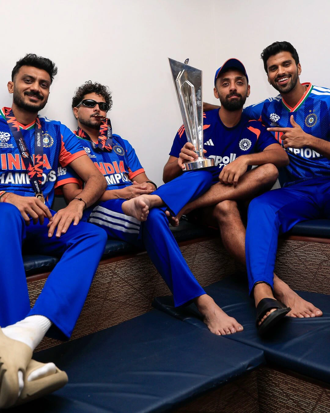 Team India Poses with Winning T20 World Cup in Dressing Room