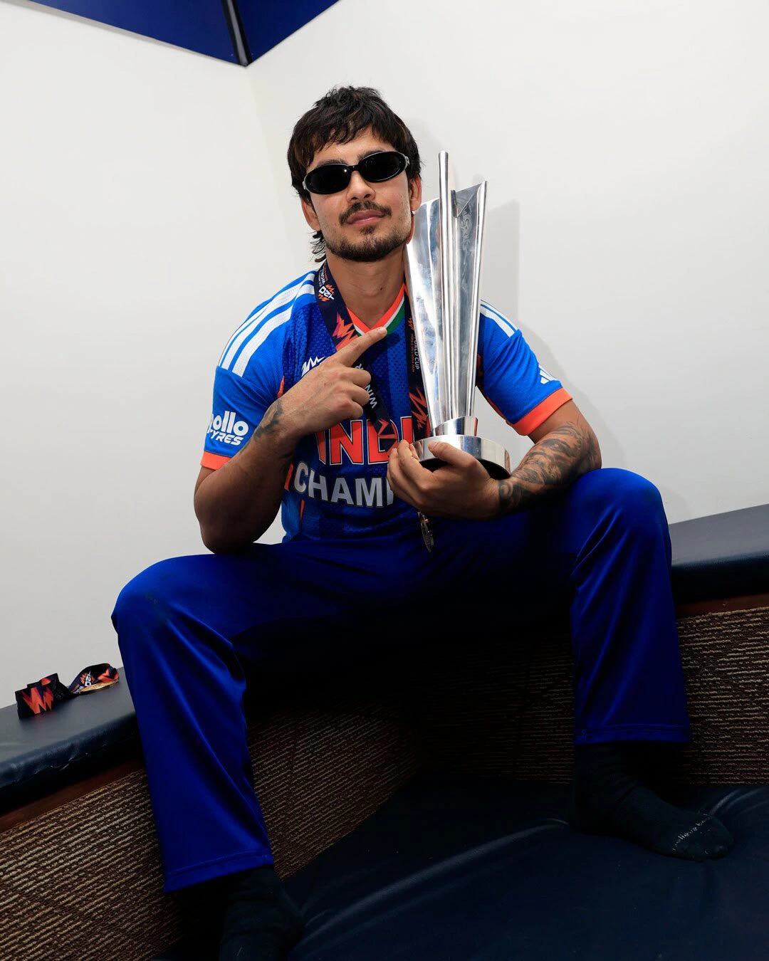 Team India Poses with Winning T20 World Cup in Dressing Room
