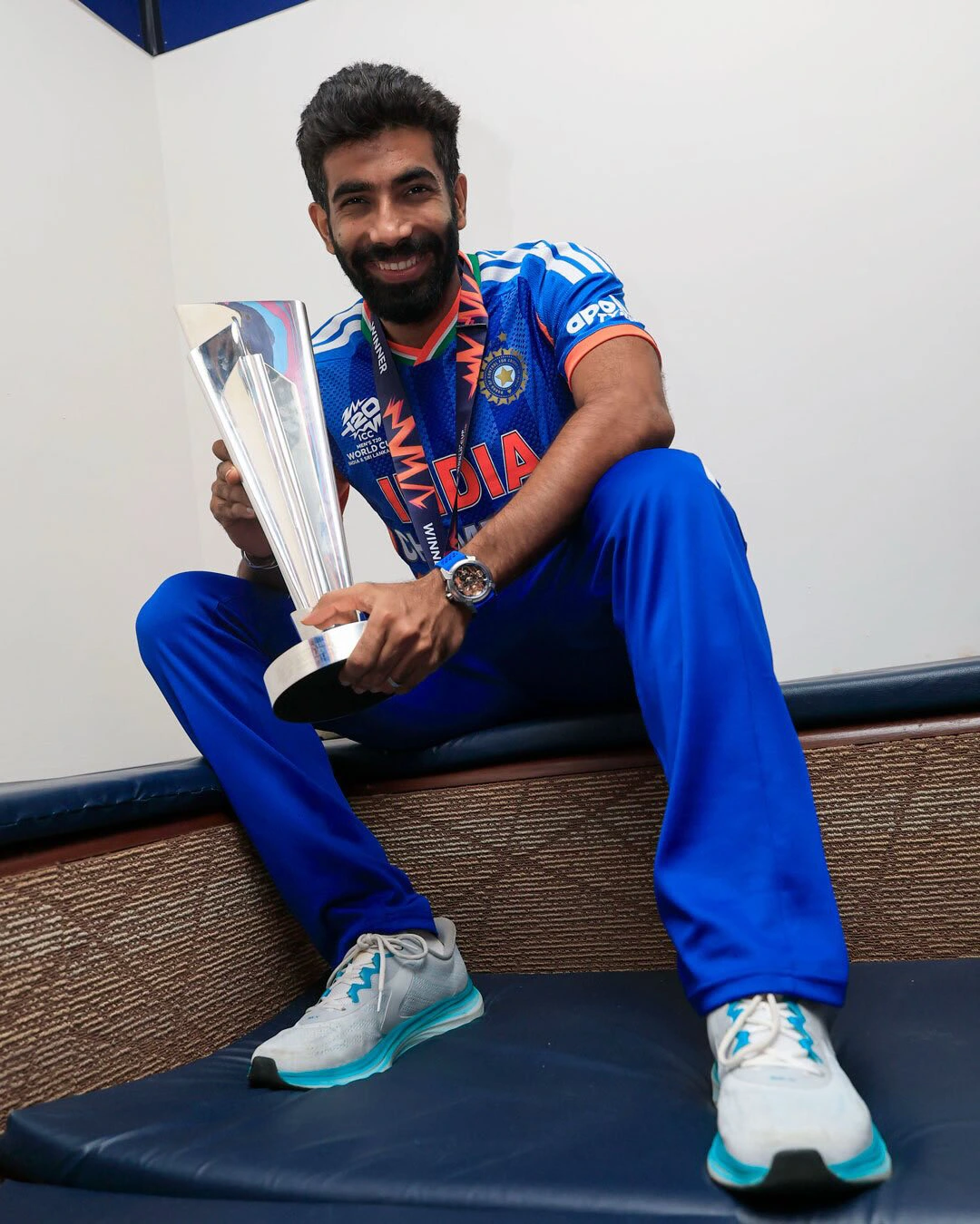 Team India Poses with Winning T20 World Cup in Dressing Room