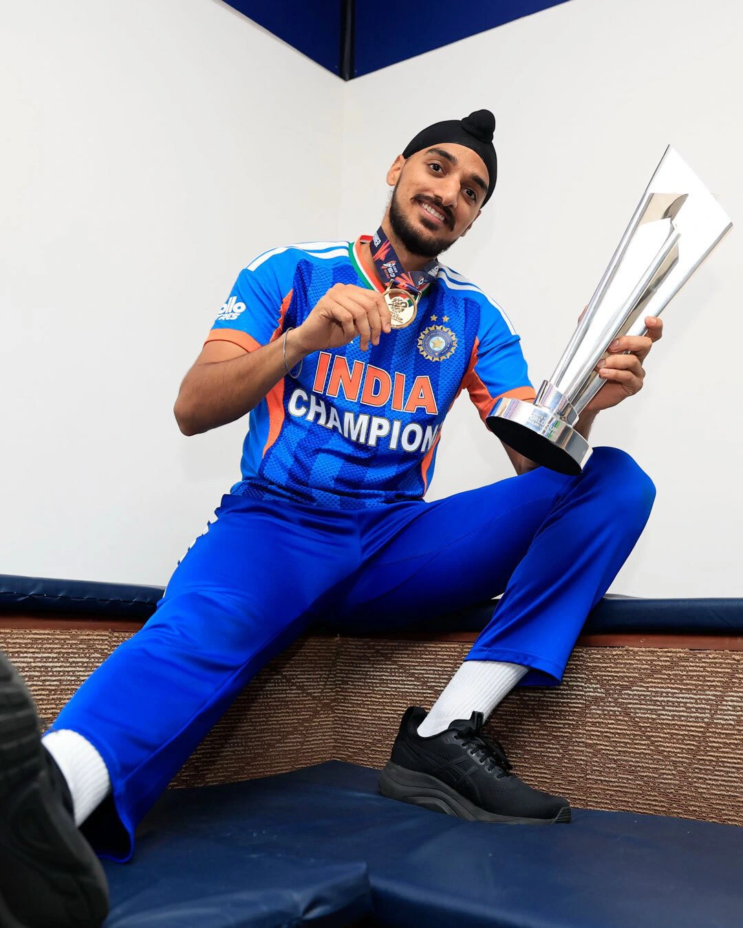 Team India Poses with Winning T20 World Cup in Dressing Room