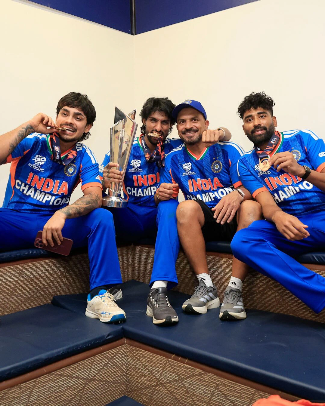 Team India Poses with Winning T20 World Cup in Dressing Room