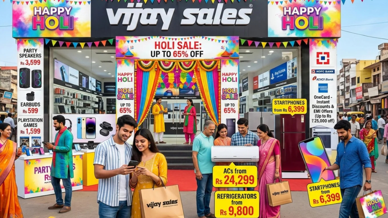 Vijay Sales Holi Sale 2026 : విజయ్ సేల్స్‌లో హోలీ సేల్ ఆఫర్లు.. AC, స్మార్ట్‌ఫోన్లపై 65 శాతం డిస్కౌంట్లు, మరెన్నో బ్యాంకు డిస్కౌంట్లు