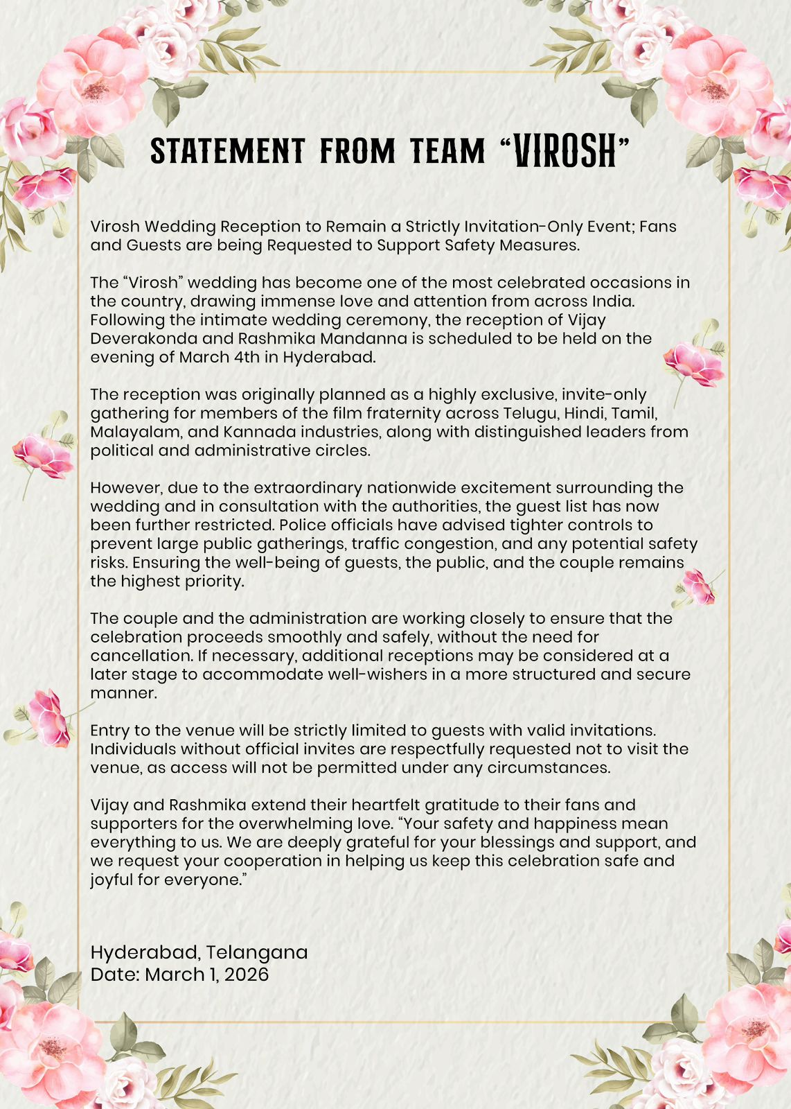 Vijay Deverakonda Rashmika Mandanna Wedding Reception Virosh Team Request to Fans 