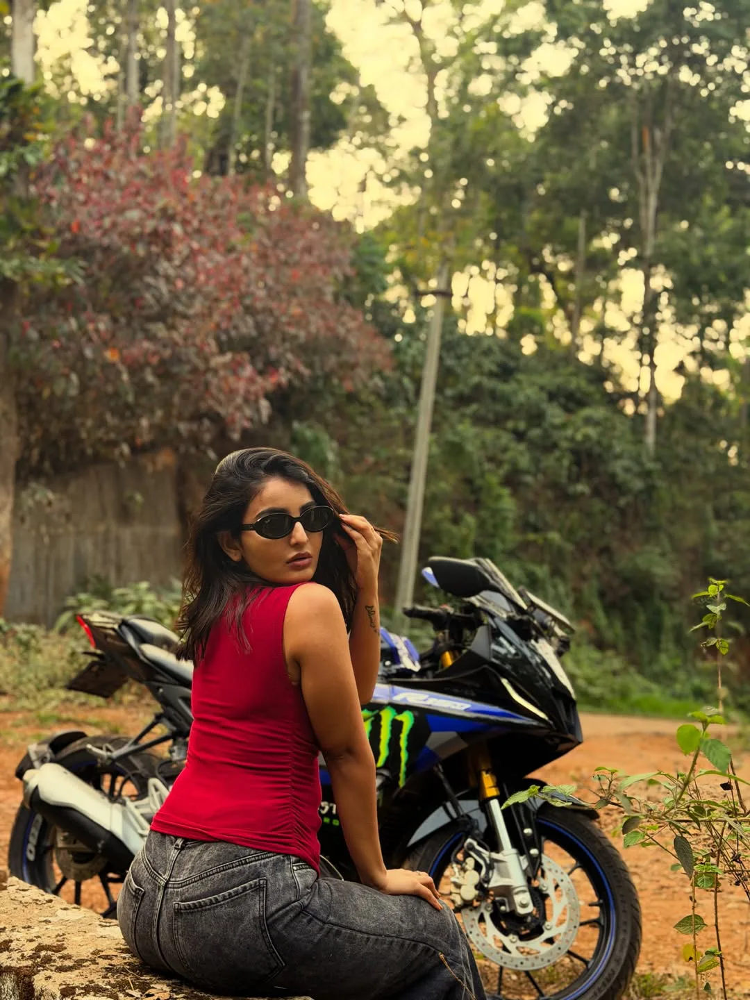 Ananya Nagalla photos with a stylish bike