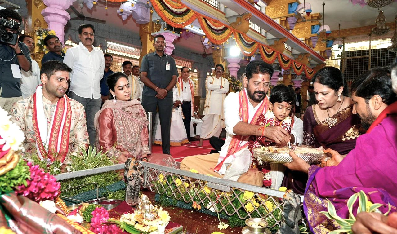 CM Revanth Reddy Aksharabhyasam to his Grand Son in Basara