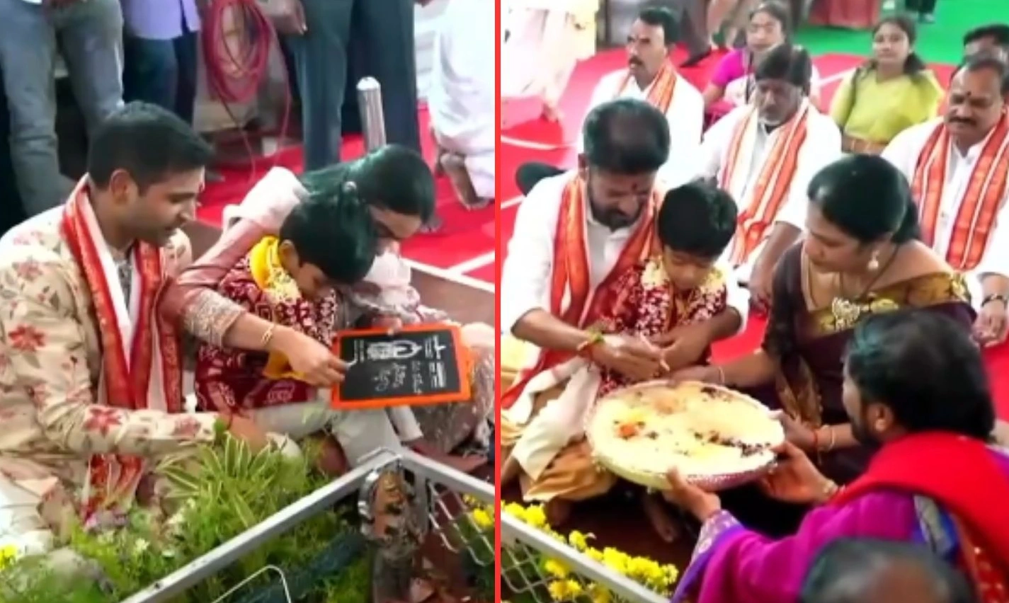 CM Revanth Reddy Aksharabhyasam to his Grand Son in Basara