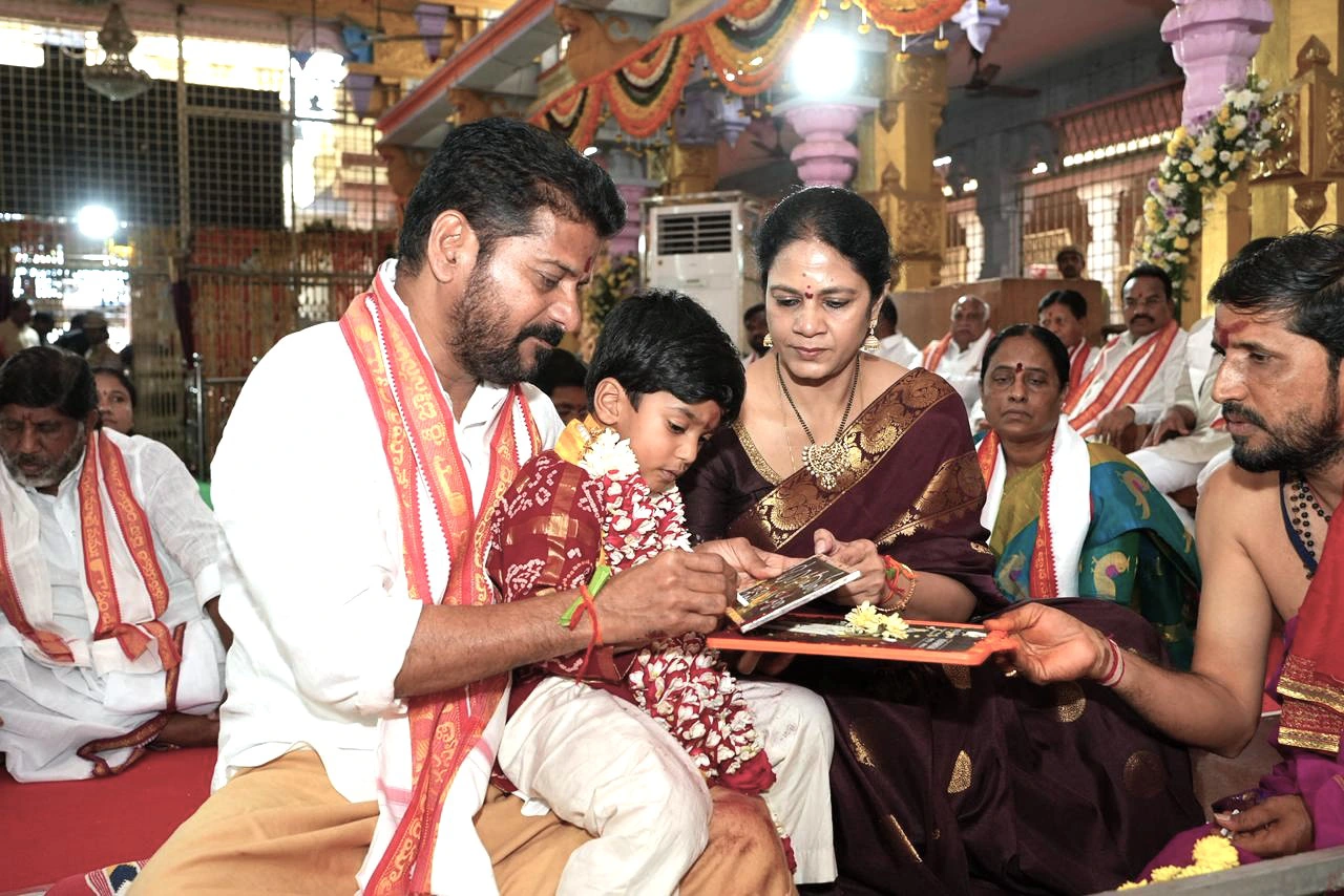CM Revanth Reddy Aksharabhyasam to his Grand Son in Basara