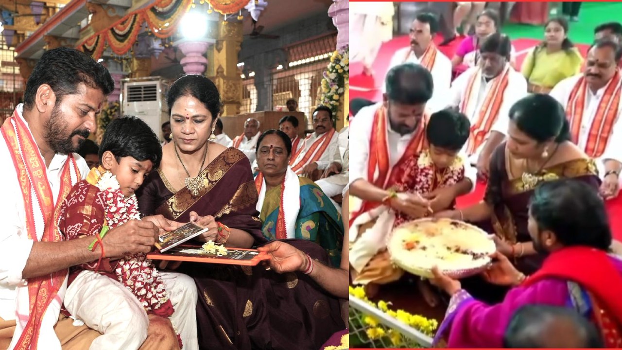 CM Revanth Reddy : బాసరలో మనవడికి అక్షరాభ్యాసం చేయించిన సీఎం రేవంత్ రెడ్డి.. ఫోటోలు..