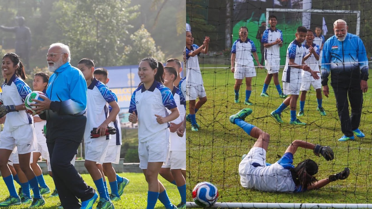 Narendra Modi : పిల్లలతో కలిసి ఫుట్ బాల్ ఆడుతున్న పీఎం నరేంద్ర మోదీ.. ఫొటోలు..