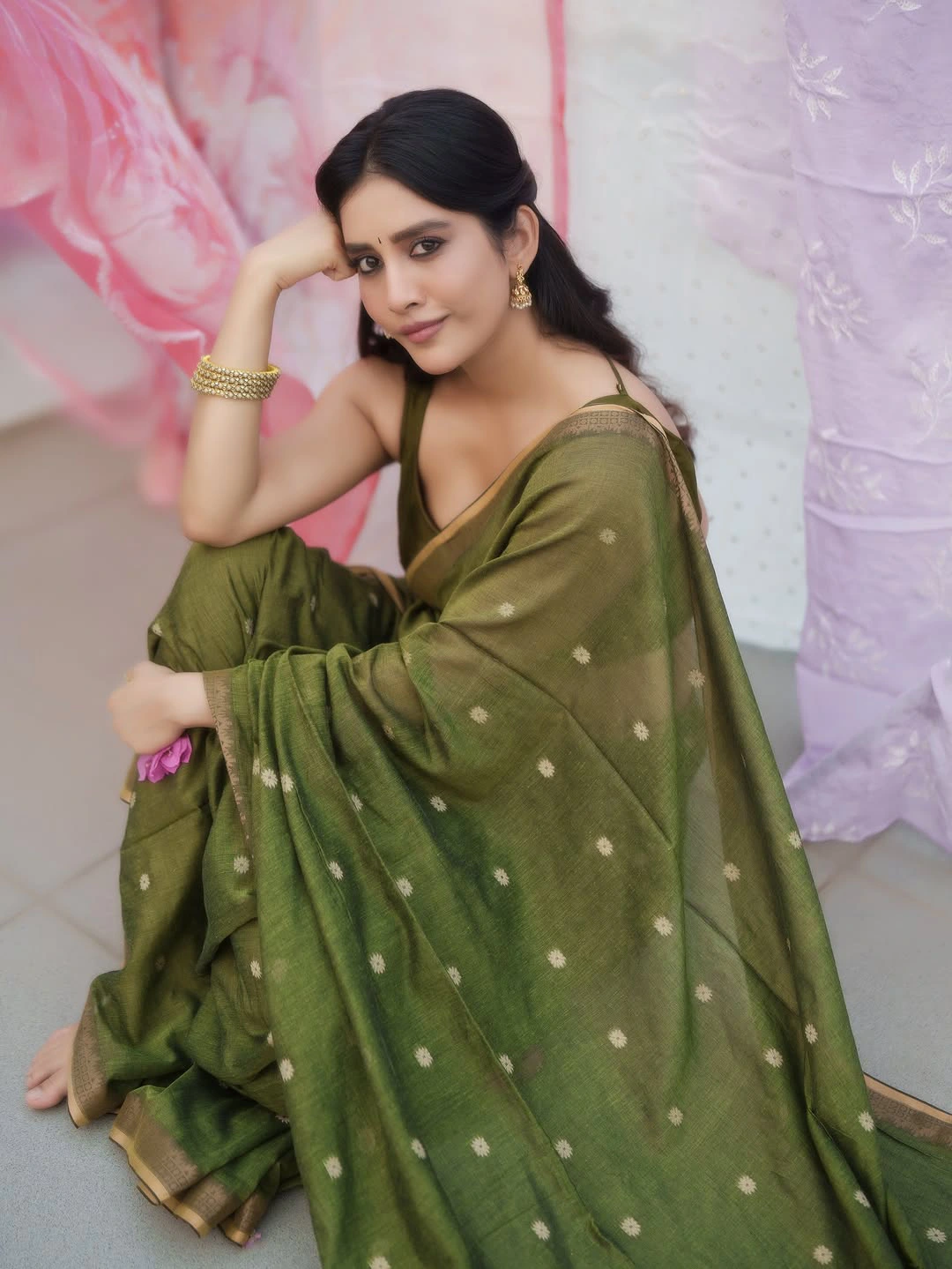 Nabha Natesh Stunning Looks in Green Saree