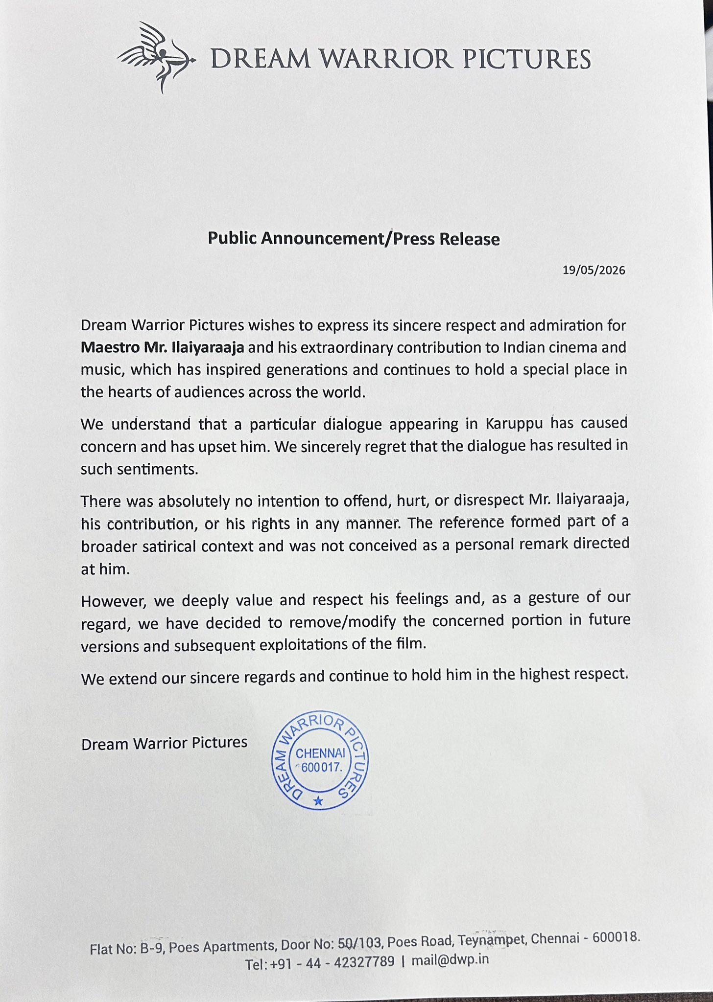 Suriya Karuppu Movie Team Apologizes to Ilaiyaraaja