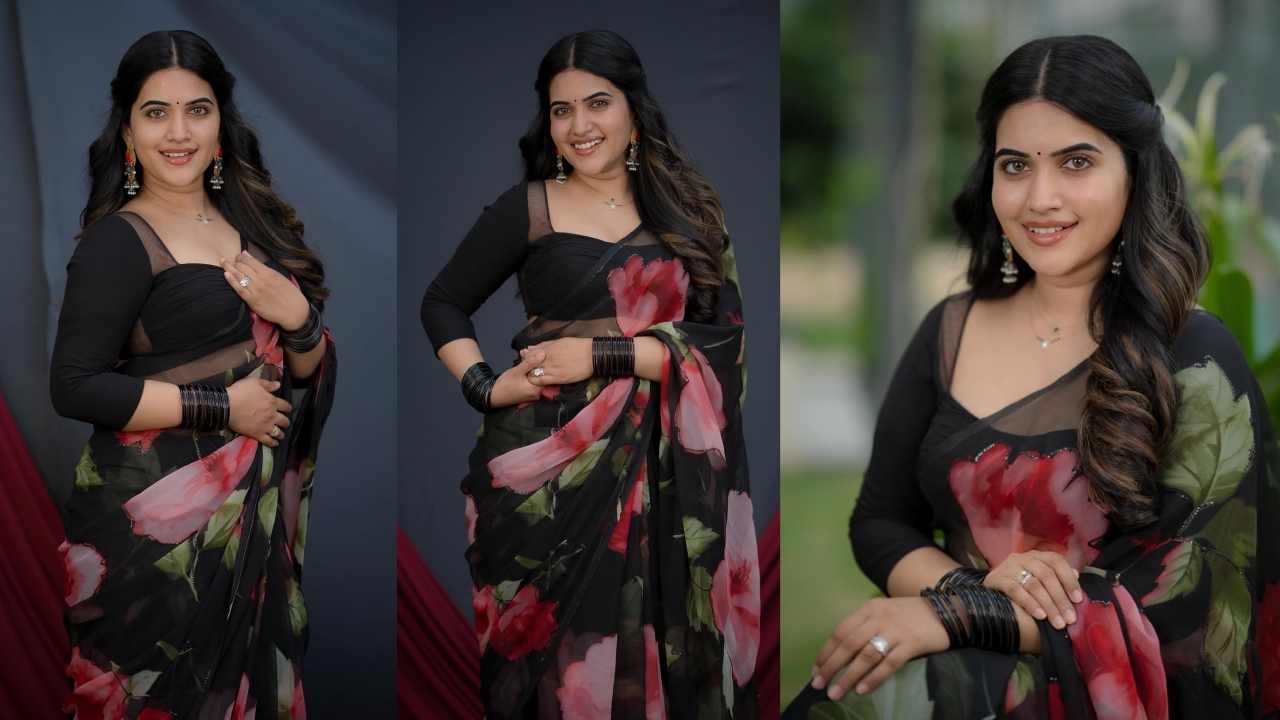 Anchor Sravanthi : పూల డిజైన్, బ్లాక్ శారీలో యాంక‌ర్ స్ర‌వంతి.. క్యూట్ స్మైల్‌..  ఫోటోలు వైర‌ల్‌