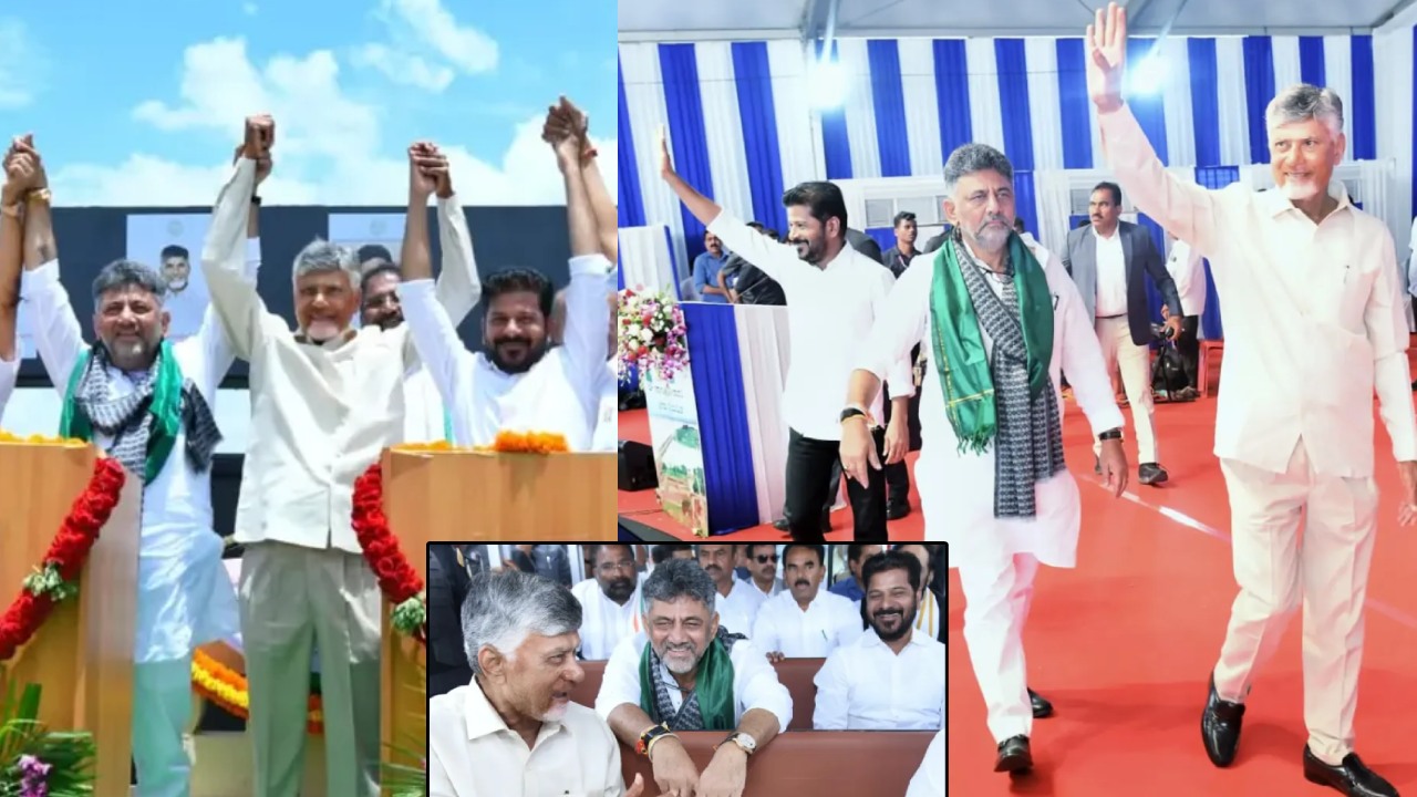 Three CM's Chandrababu Naidu Revanth Reddy DK Shivakumar on Same Stage