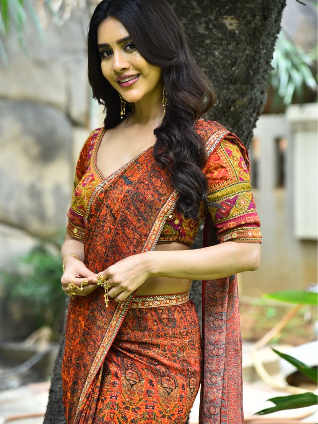 Nabha Natesh in Saree at Nagabandham Promotions