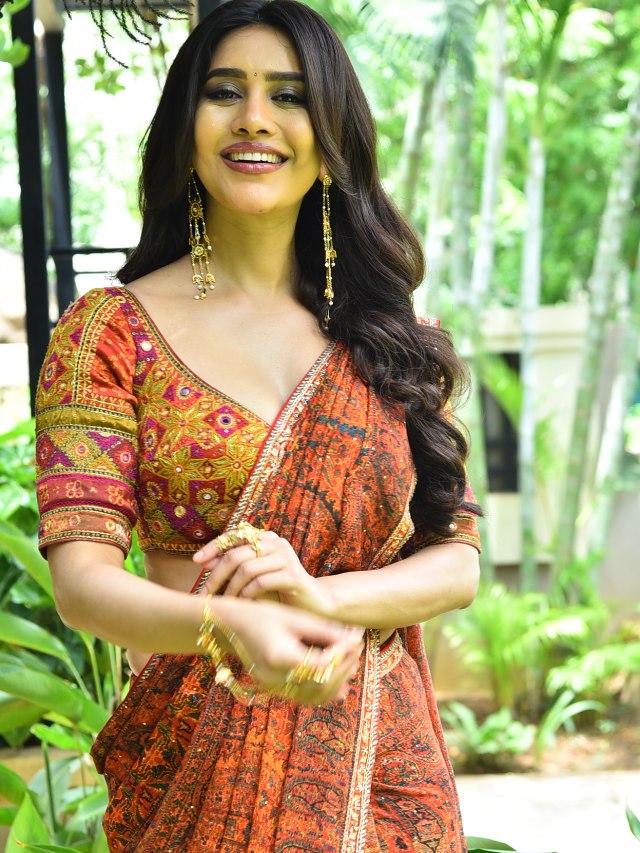 Nabha Natesh in Saree at Nagabandham Promotions
