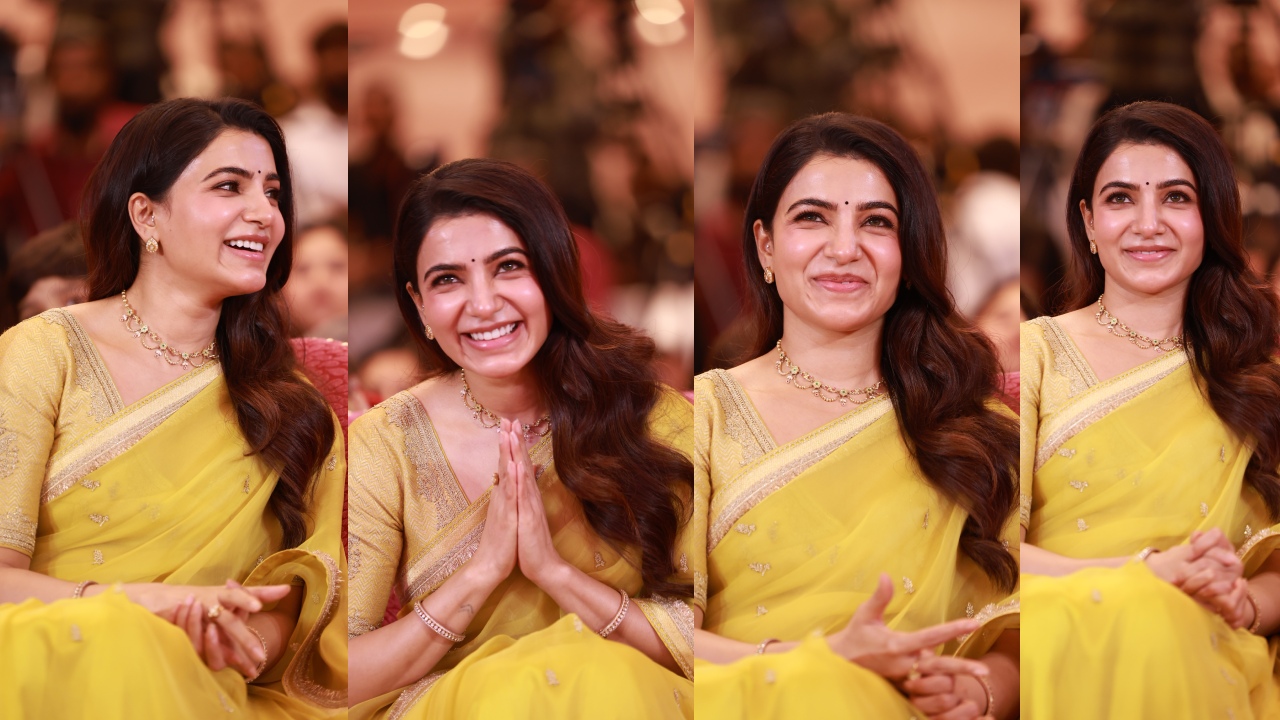Samantha : చీరకట్టులో సమంత క్యూట్ ఫొటోలు.. ‘మా ఇంటి బంగారం’ ప్రీ రిలీజ్ ఈవెంట్..