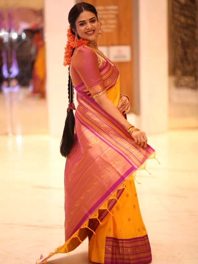 Sreemukhi Traditional Looks from Maa Inti Bangaram Pre Release Event