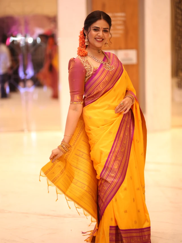 Sreemukhi Traditional Looks from Maa Inti Bangaram Pre Release Event