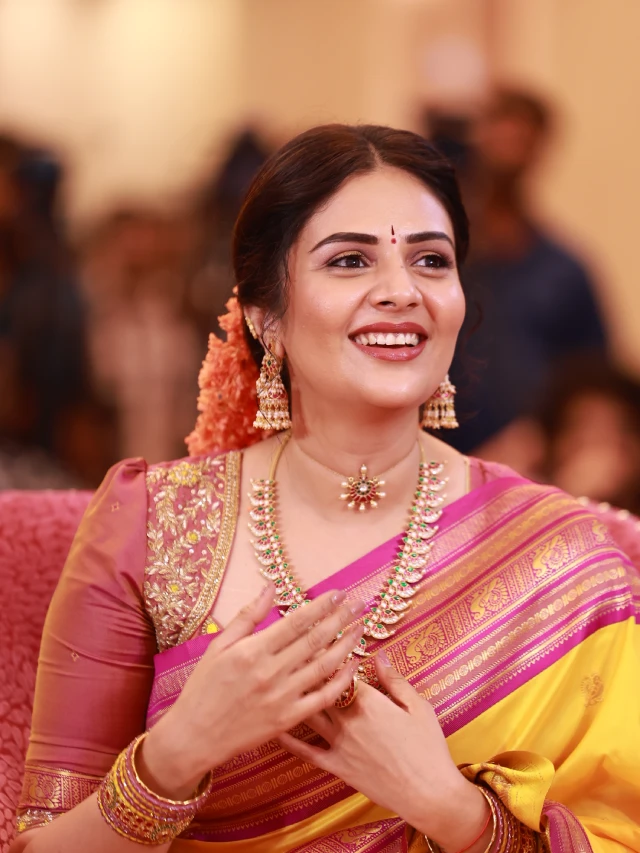 Sreemukhi Traditional Looks from Maa Inti Bangaram Pre Release Event