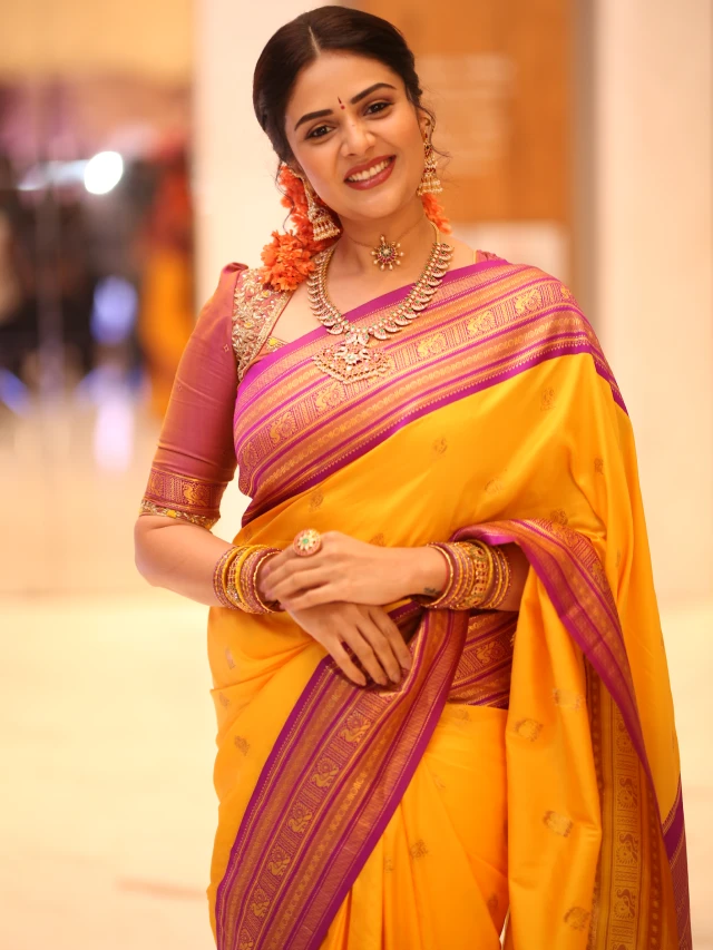 Sreemukhi Traditional Looks from Maa Inti Bangaram Pre Release Event