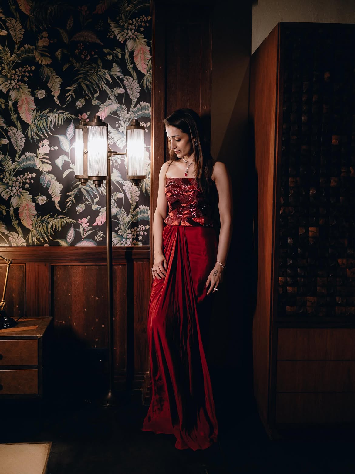 Trisha Shines in Maroon Dress